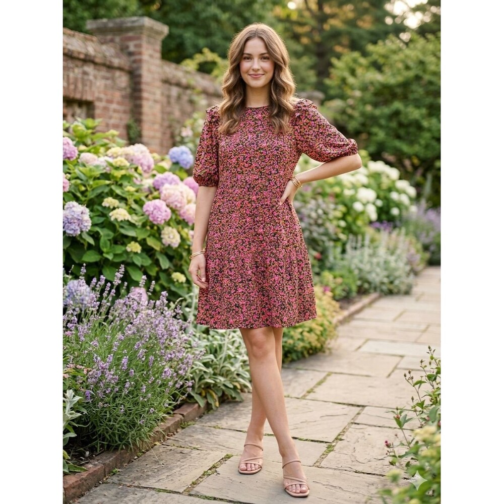 H&M Divided A Line Dress Women's Medium Floral Round Neck Puff Sleeve Party Wear